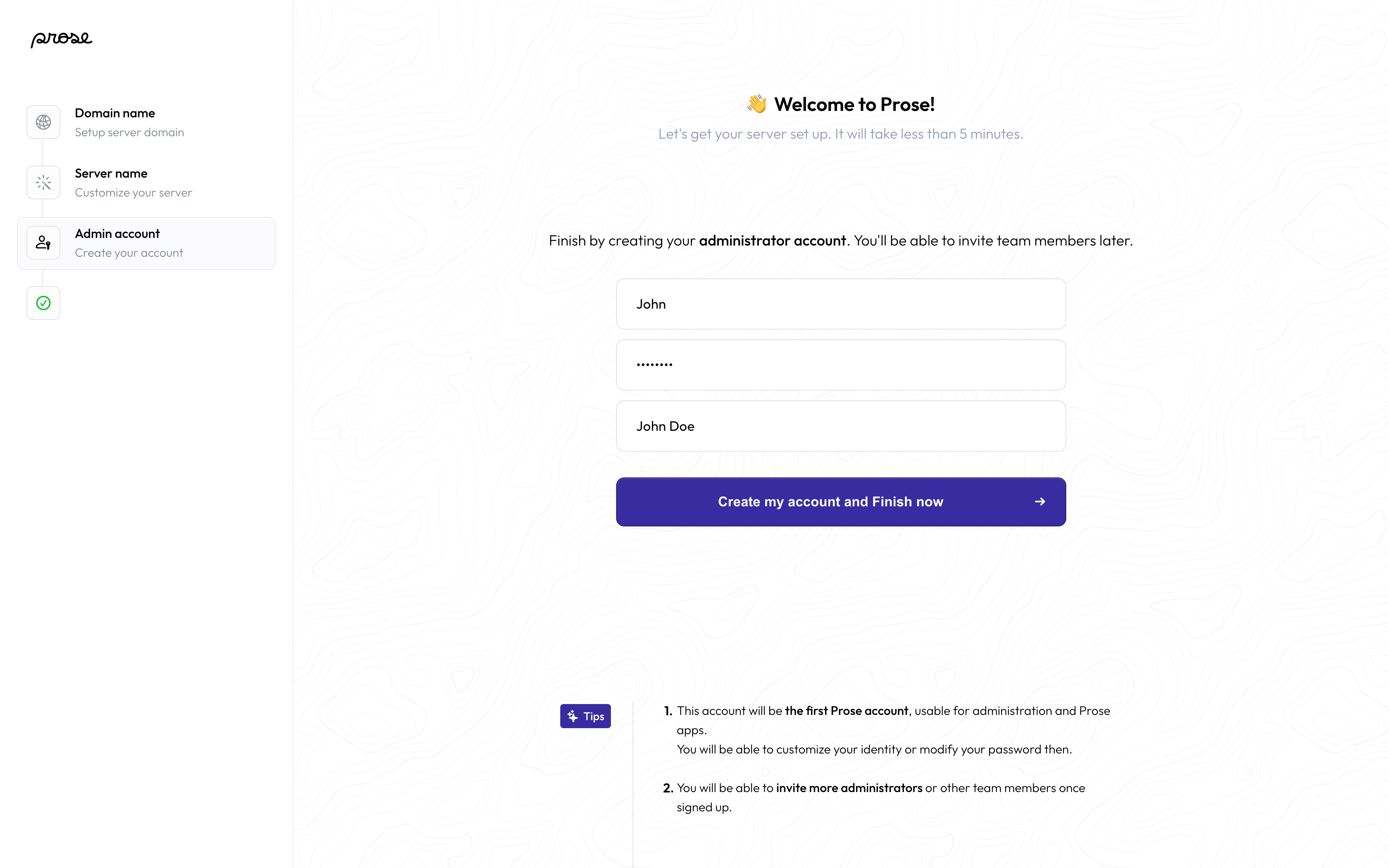 Workspace initialization screen, admin account