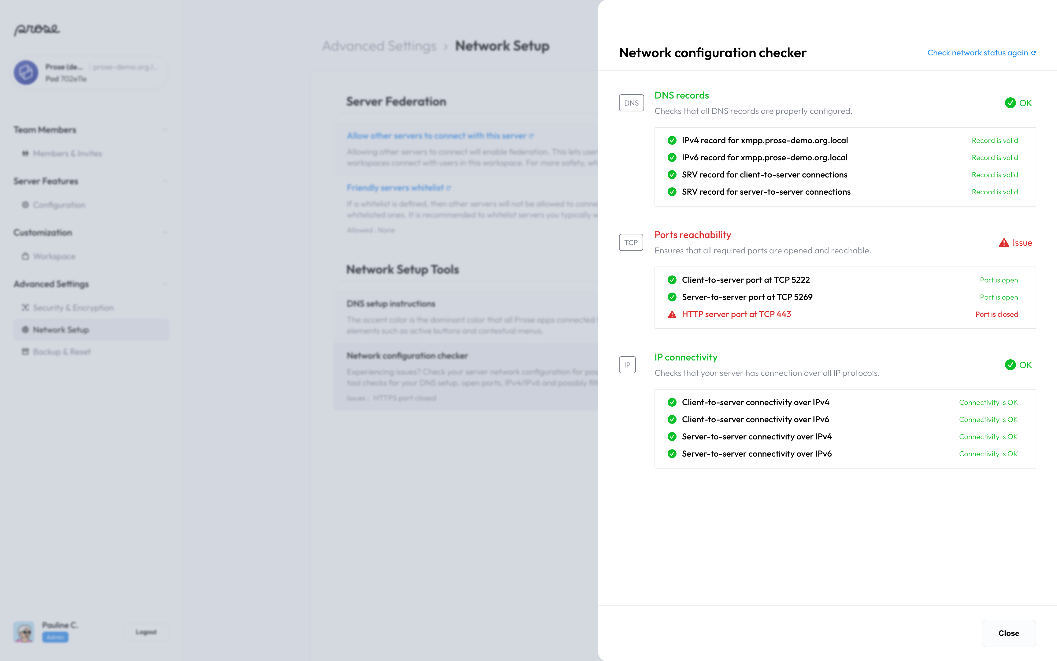 Network configuration checker screen