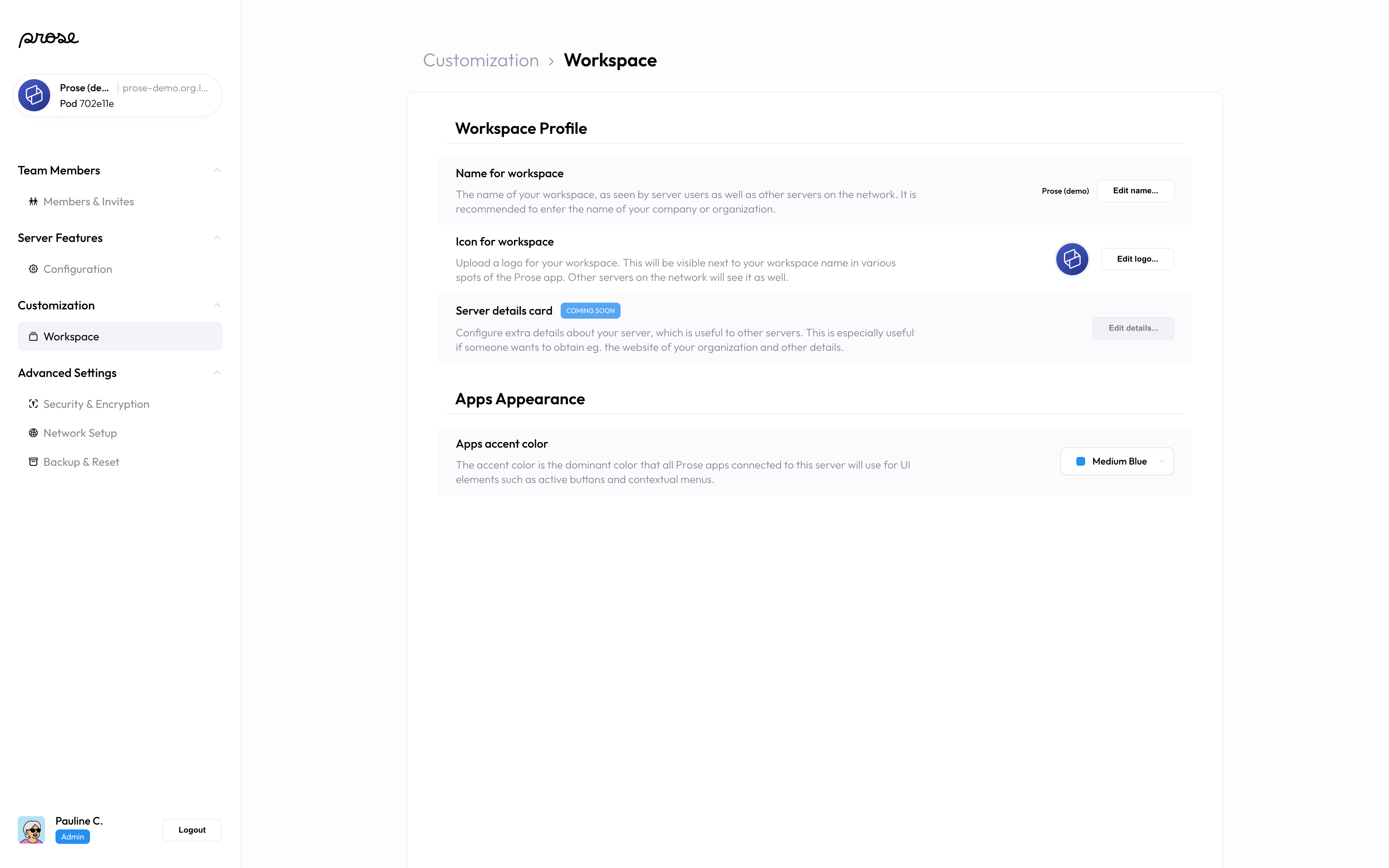 Customization screen, with configured details