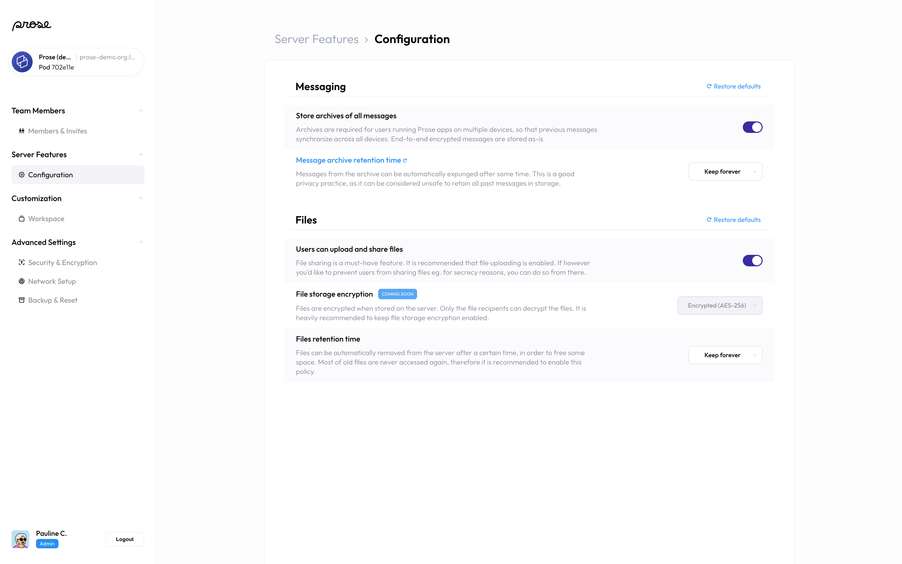 Server configuration screen