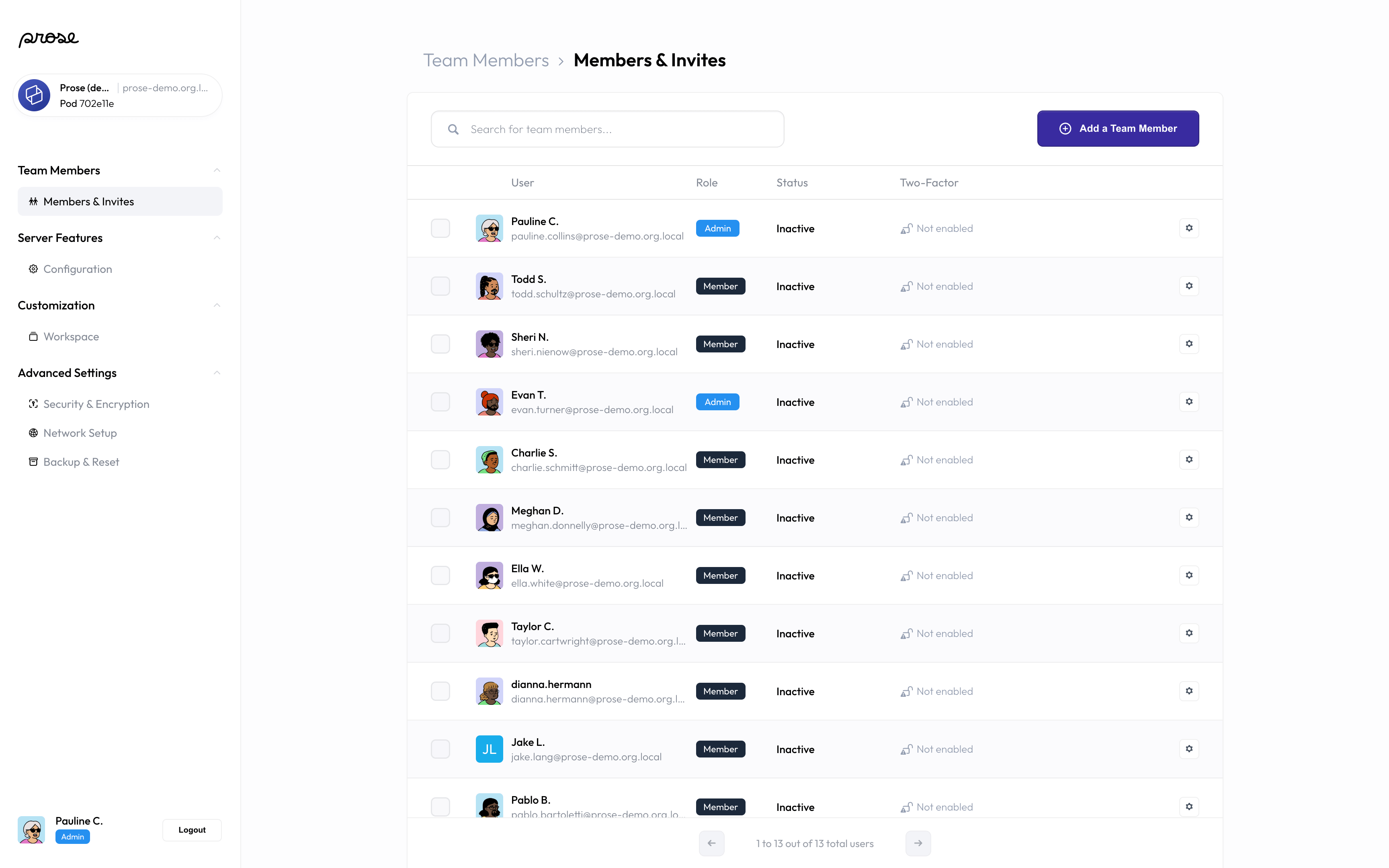 Team members screen, with invited members